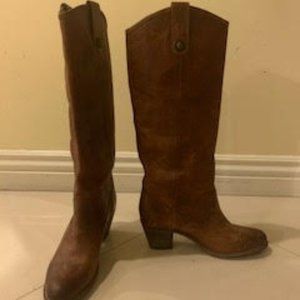 Frye Brown Leather Jackie Heeled Knee HighBoots
